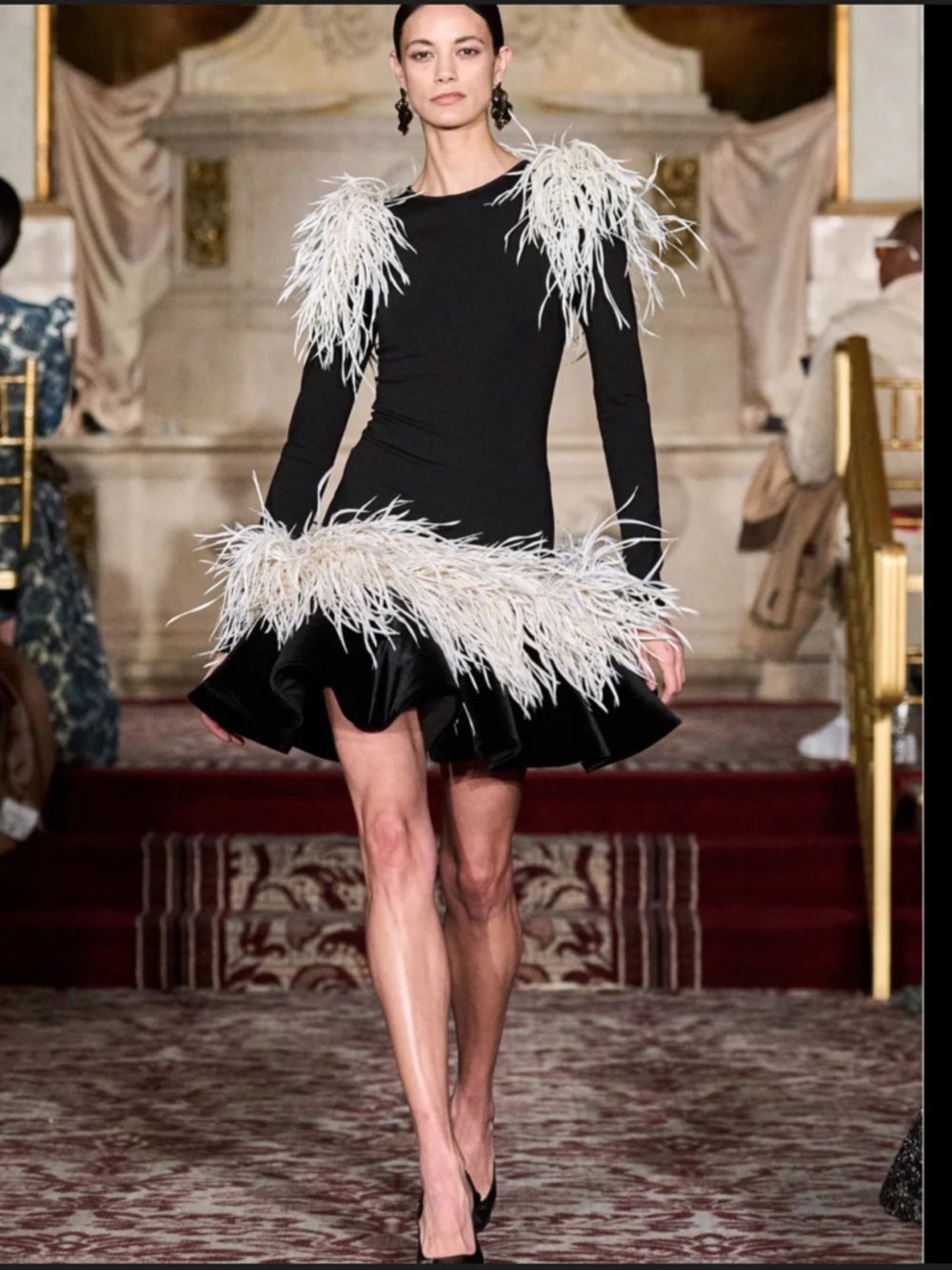 Christian Soriano Long Sleeve Dress With Velvet Ruffle Hem And Feathers‎ Runway